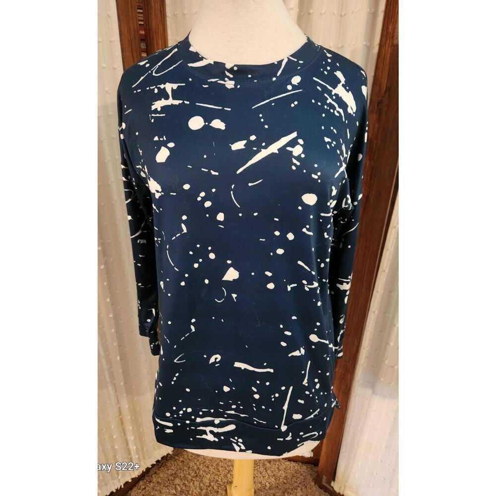 F68 Long Sleeved t-shirt with Dark blue-green & white paint splattered print